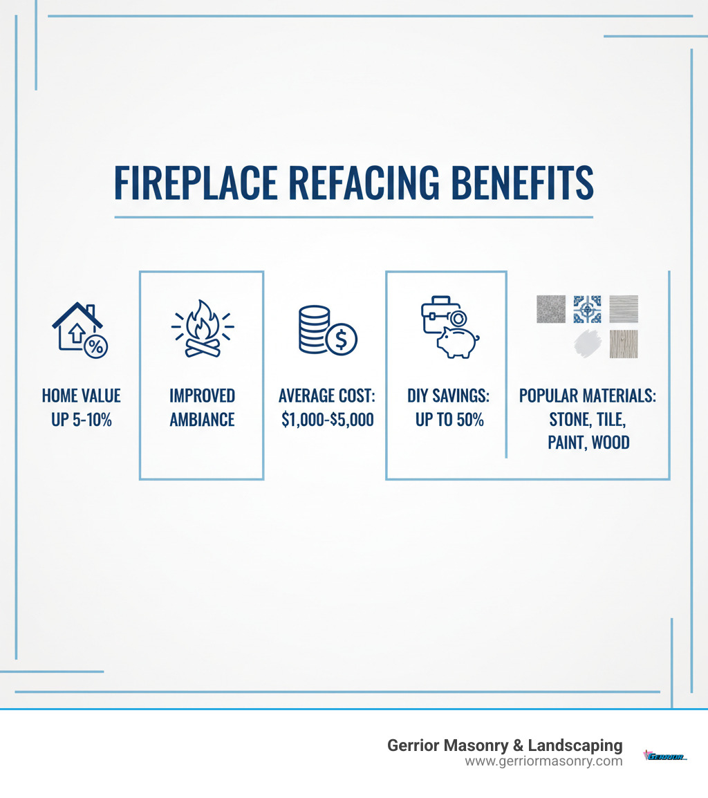 infographic showing benefits of fireplace refacing including increased home value by 5-10%, improved room ambiance, average costs of $1,000-$5,000, DIY savings of up to 50%, and popular materials like stone veneer, tile, paint, and wood - Fireplace refacing ideas infographic 