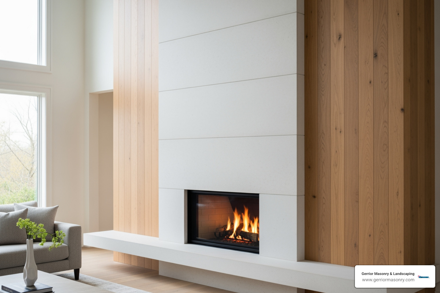 floor-to-ceiling fireplace with contrasting wood and stone textures - Fireplace refacing ideas