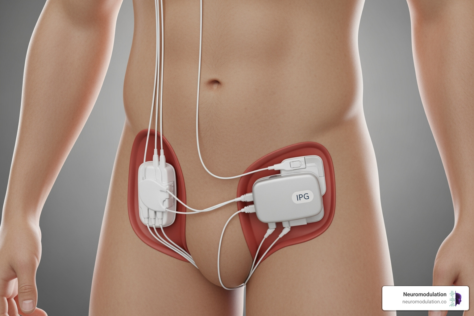 Clinically accurate illustration of an SCS device implanted on the spine, with leads extending along the spinal cord and the IPG placed in the gluteal region, highlighting potential areas of concern during pregnancy. - SCS during pregnancy