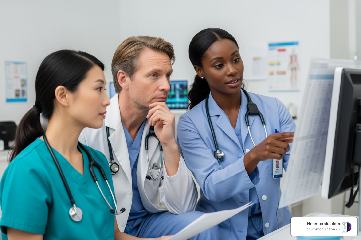 A diverse medical team (obstetrician, anesthesiologist, pain specialist) collaborating - SCS during pregnancy