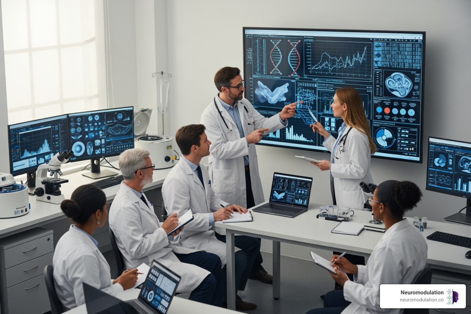 Medical professionals collaborating on a research project, with charts and data analysis on screens, symbolizing future research and knowledge advancement in neuromodulation - SCS during pregnancy