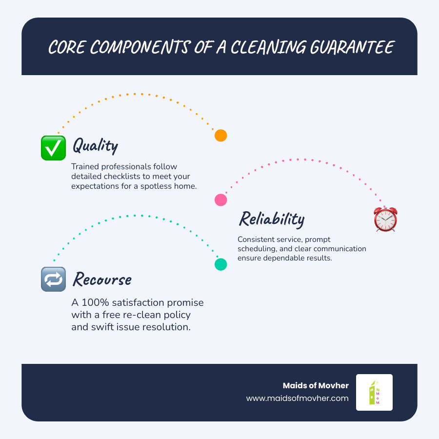 infographic showing three pillars of a cleaning guarantee: Quality with checkmark and cleaning checklist icon, Reliability with clock and recurring schedule icon, and Recourse with support headset and re-clean guarantee icon - guaranteed house cleaning washington infographic infographic-line-3-steps-blues-accent_colors