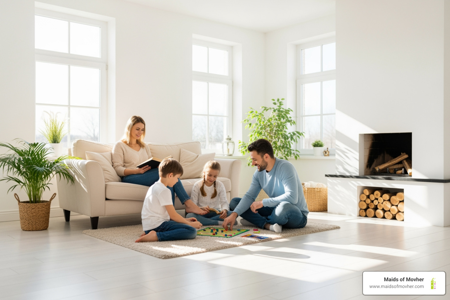 family enjoying clean living room - guaranteed house cleaning washington