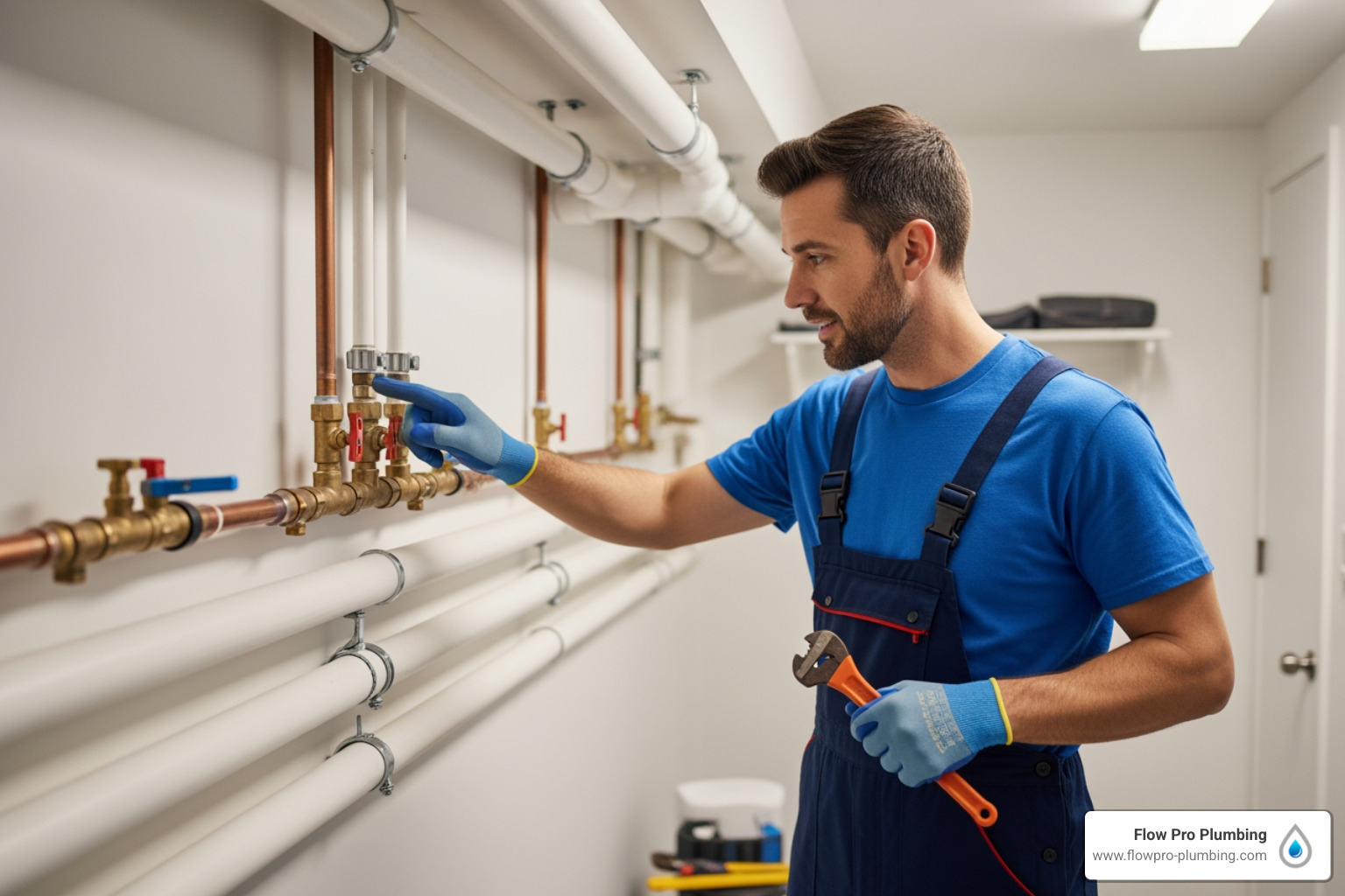 A friendly plumber inspecting a water line where a water softener will be installed - water softener installation Brentwood A friendly plumber inspecting a water line where a water softener will be installed - water softener installation Brentwood