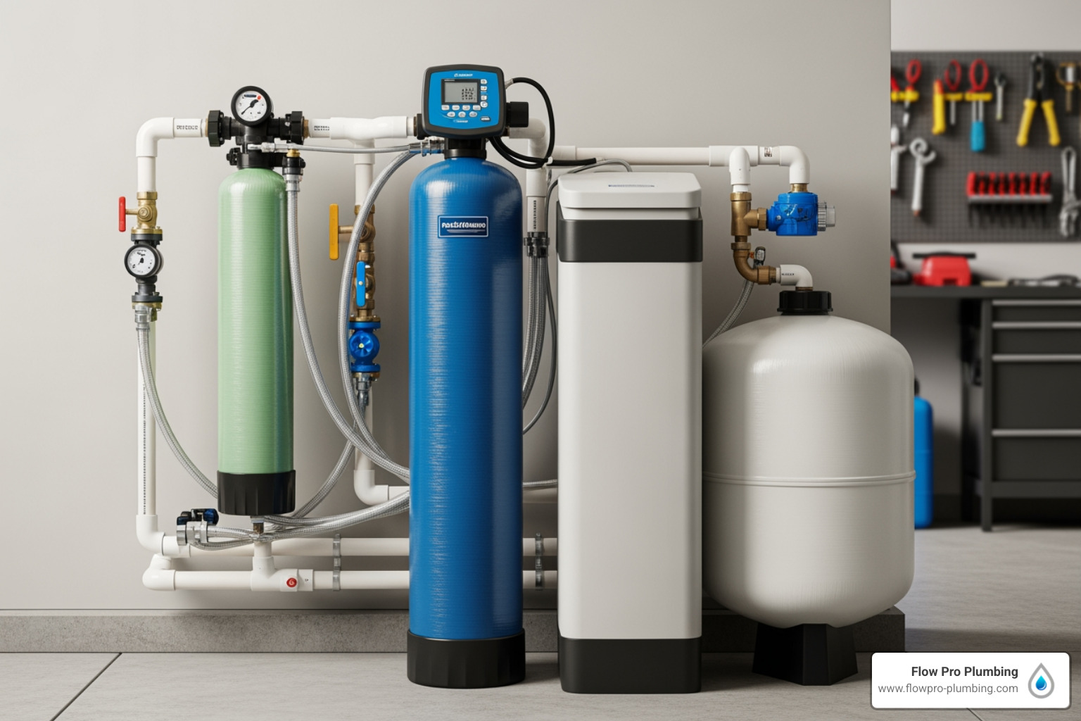 A whole-house water softener system neatly installed in a garage, showing the brine tank and mineral tank - water softener installation Brentwood A whole-house water softener system neatly installed in a garage, showing the brine tank and mineral tank - water softener installation Brentwood