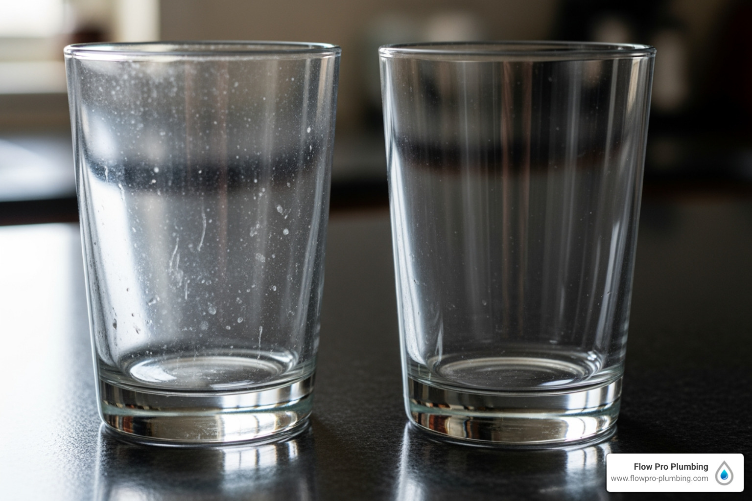 Spotty glassware next to sparkling clean glassware - water softener installation Brentwood Spotty glassware next to sparkling clean glassware - water softener installation Brentwood
