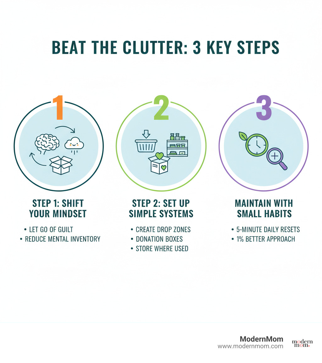 infographic showing three key steps to beating clutter: Step 1 - Shift Your Mindset (let go of guilt and reduce mental inventory), Step 2 - Set Up Simple Systems (create drop zones, donation boxes, and store items where you use them), Step 3 - Maintain with Small Habits (5-minute daily resets and the 1% better approach) - home organization hacks infographic 