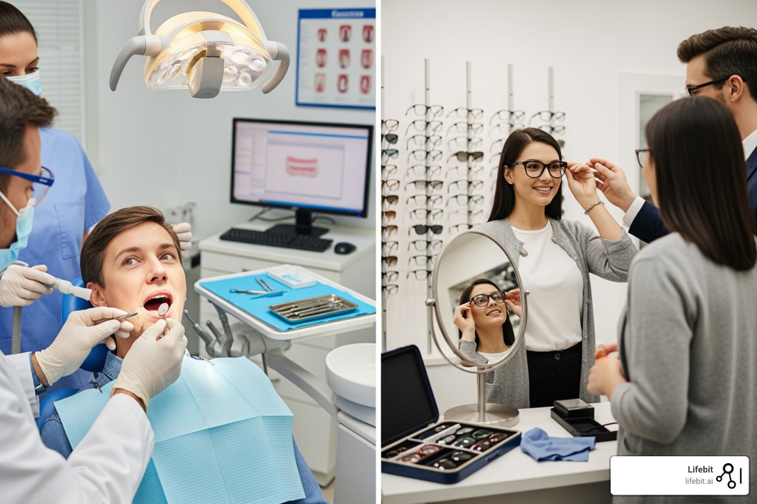 A person at a dentist's office and another trying on glasses - Federal Health