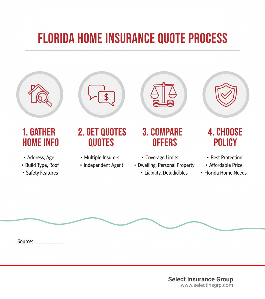 Infographic showing 4-step process: 1. Collect home information including address, construction details, and safety features, 2. Request quotes from multiple insurers or work with an independent agent, 3. Compare coverage limits for dwelling, personal property, liability, and deductibles, 4. Select policy that offers best protection-to-price ratio for your specific Florida home - homeowners insurance quote infographic Infographic showing 4-step process: 1. Collect home information including address, construction details, and safety features, 2. Request quotes from multiple insurers or work with an independent agent, 3. Compare coverage limits for dwelling, personal property, liability, and deductibles, 4. Select policy that offers best protection-to-price ratio for your specific Florida home - homeowners insurance quote infographic