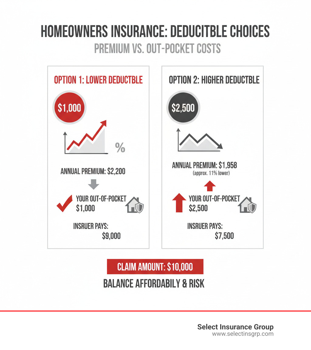 TABLE comparing how a $1,000 vs. $2,500 deductible affects your premium and out-of-pocket claim costs - homeowners insurance quote infographic TABLE comparing how a $1,000 vs. $2,500 deductible affects your premium and out-of-pocket claim costs - homeowners insurance quote infographic