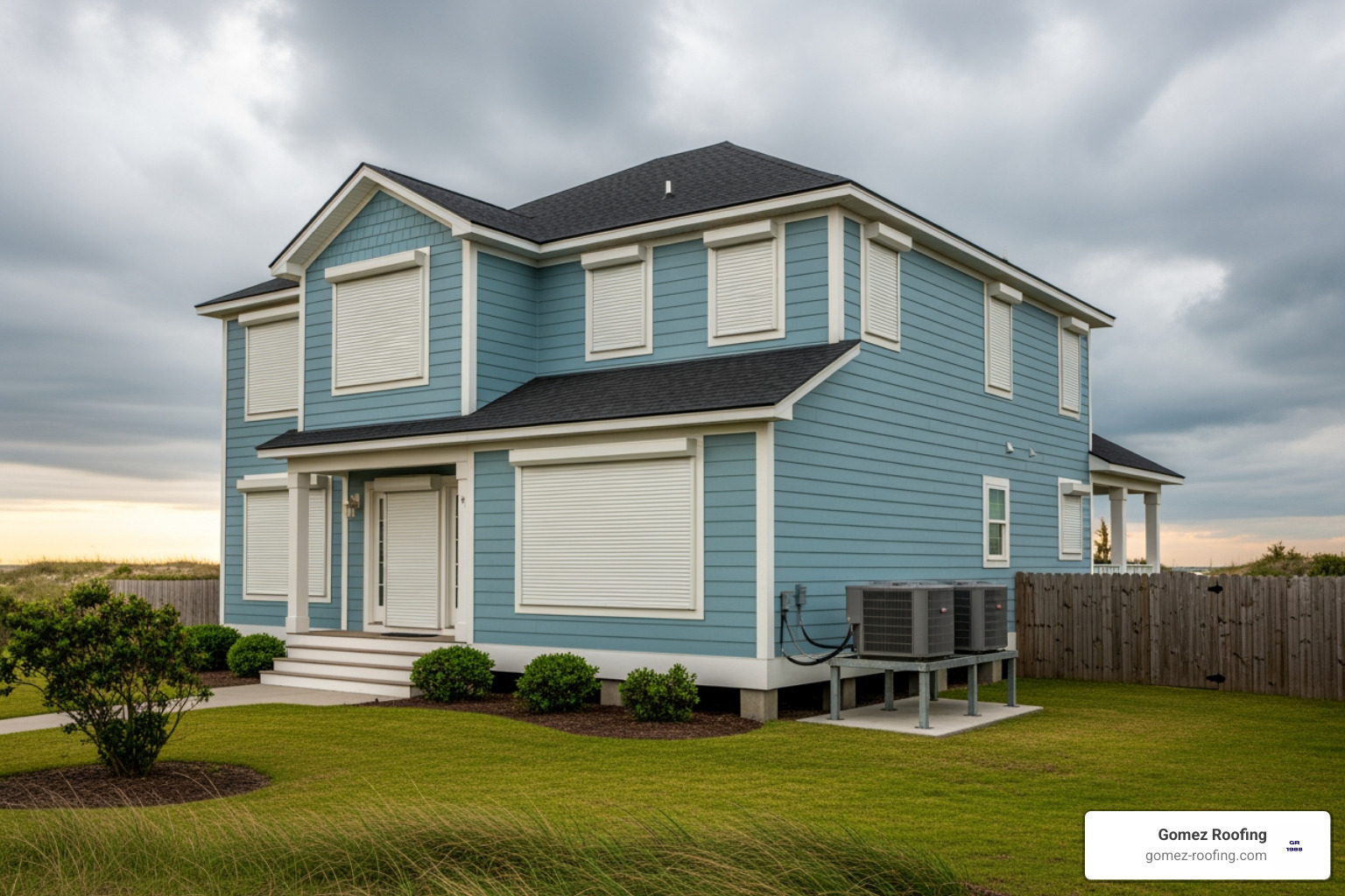 Home with storm shutters and a lifted AC unit - Pompano Beach storm damage Home with storm shutters and a lifted AC unit - Pompano Beach storm damage