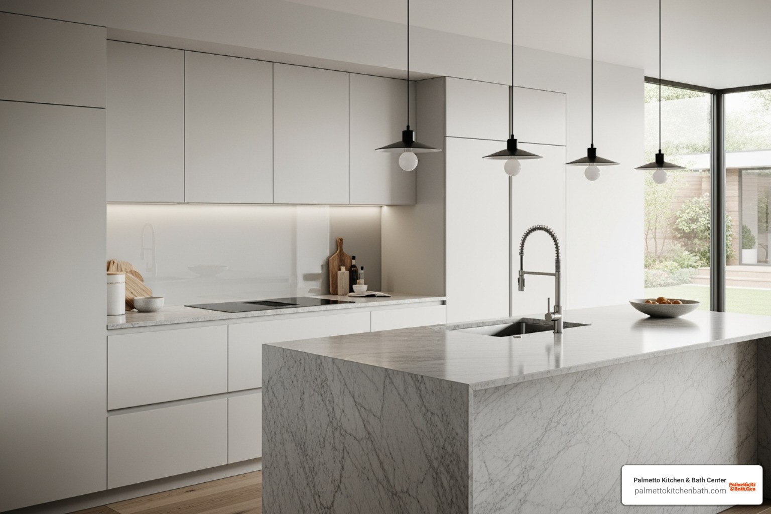 minimalist kitchen with flat-panel cabinets and a waterfall island - florida kitchens minimalist kitchen with flat-panel cabinets and a waterfall island - florida kitchens