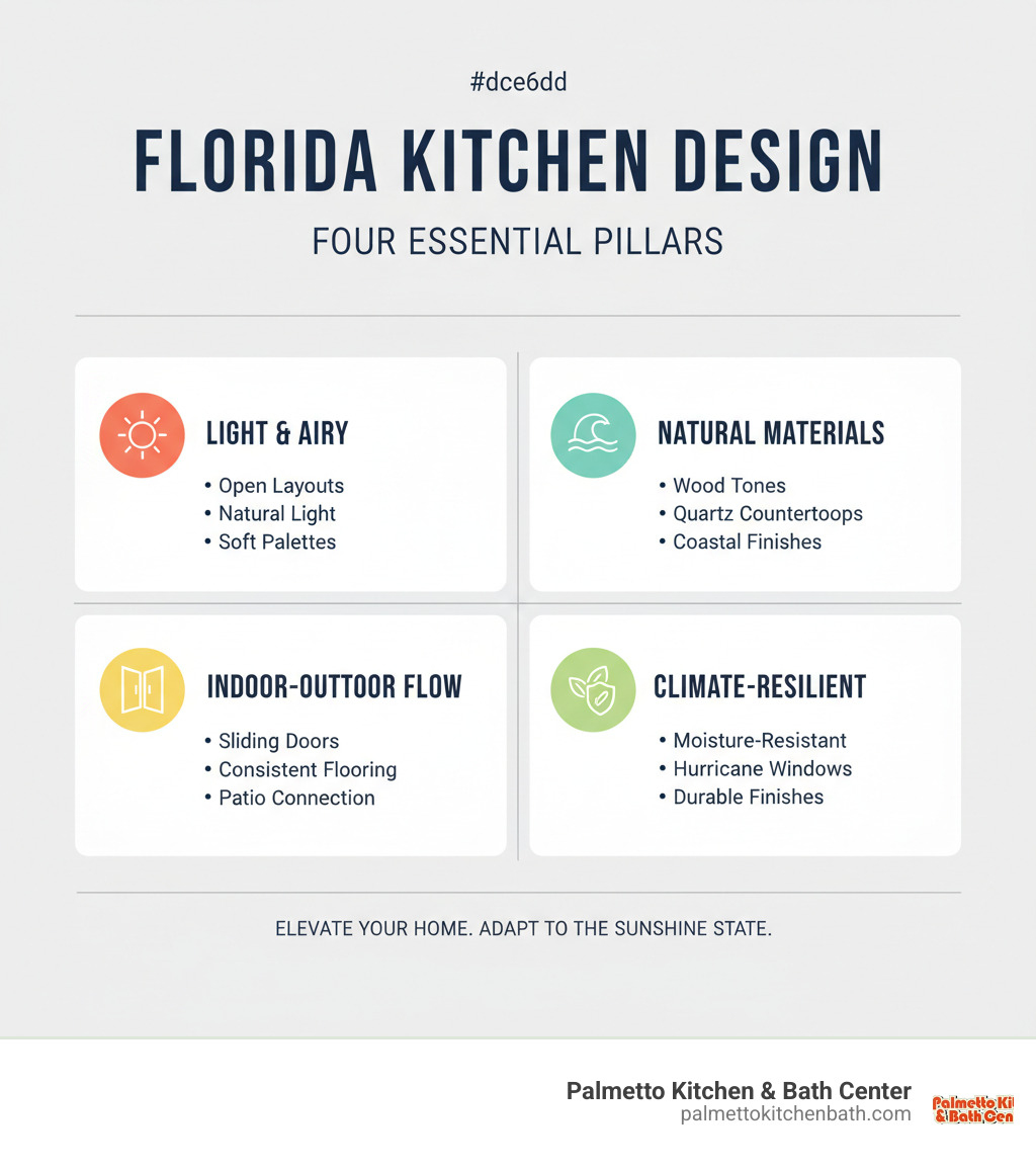 Infographic showing the four pillars of Florida kitchen design: Light & Airy spaces with open layouts and natural light; Natural Materials including wood tones, quartz countertops, and coastal finishes; Indoor-Outdoor Flow with sliding doors and consistent flooring; and Climate-Resilient features like moisture-resistant cabinets and hurricane-rated windows - florida kitchens infographic Infographic showing the four pillars of Florida kitchen design: Light & Airy spaces with open layouts and natural light; Natural Materials including wood tones, quartz countertops, and coastal finishes; Indoor-Outdoor Flow with sliding doors and consistent flooring; and Climate-Resilient features like moisture-resistant cabinets and hurricane-rated windows - florida kitchens infographic