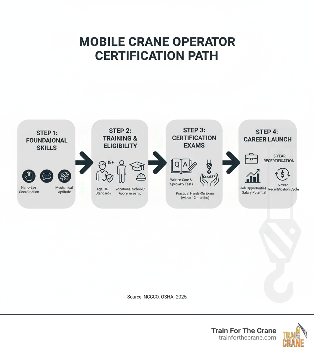 infographic showing four connected steps: Step 1 Foundational Skills including hand-eye coordination, communication, and mechanical aptitude; Step 2 Training and Eligibility showing age 18+, physical standards, and training options like vocational school or apprenticeship; Step 3 Certification Exams depicting written core and specialty tests plus practical hands-on exam within 12 months; Step 4 Career Launch showing job opportunities, salary potential of $64,637 average, and 5-year recertification cycle - certified mobile crane operator infographic infographic showing four connected steps: Step 1 Foundational Skills including hand-eye coordination, communication, and mechanical aptitude; Step 2 Training and Eligibility showing age 18+, physical standards, and training options like vocational school or apprenticeship; Step 3 Certification Exams depicting written core and specialty tests plus practical hands-on exam within 12 months; Step 4 Career Launch showing job opportunities, salary potential of $64,637 average, and 5-year recertification cycle - certified mobile crane operator infographic