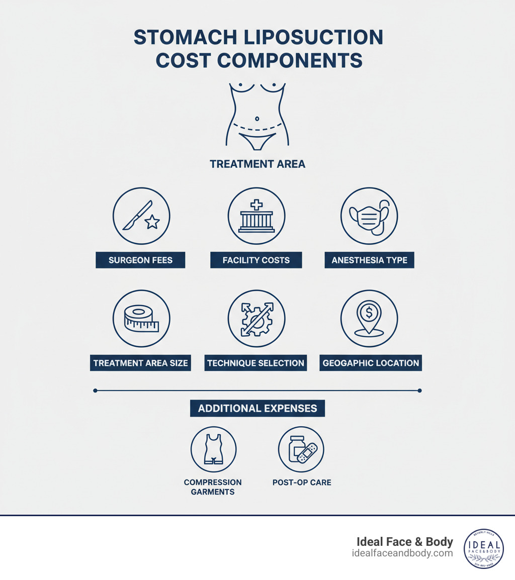 Infographic showing breakdown of stomach liposuction cost components including surgeon fees, facility costs, anesthesia type, treatment area size, technique selection, geographic location factors, and additional expenses like compression garments and post-operative care - stomach liposuction cost infographic 