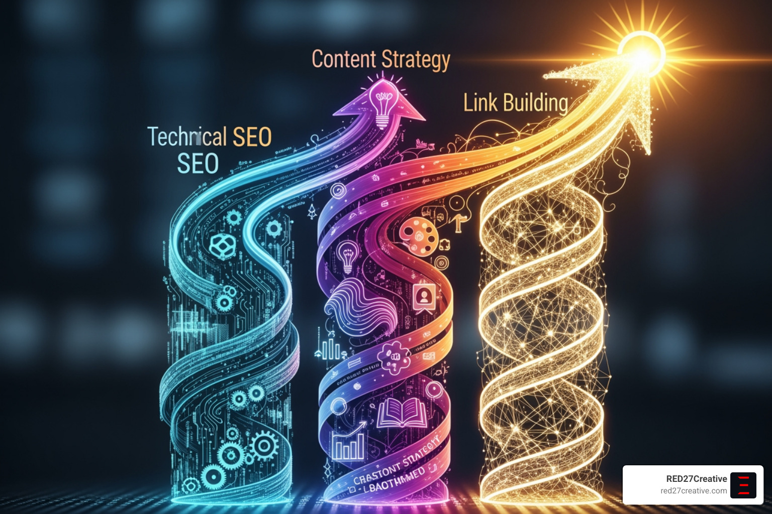 Strategic flowchart connecting technical SEO, content, and link building for enterprise success - SEO for large businesses Strategic flowchart connecting technical SEO, content, and link building for enterprise success - SEO for large businesses