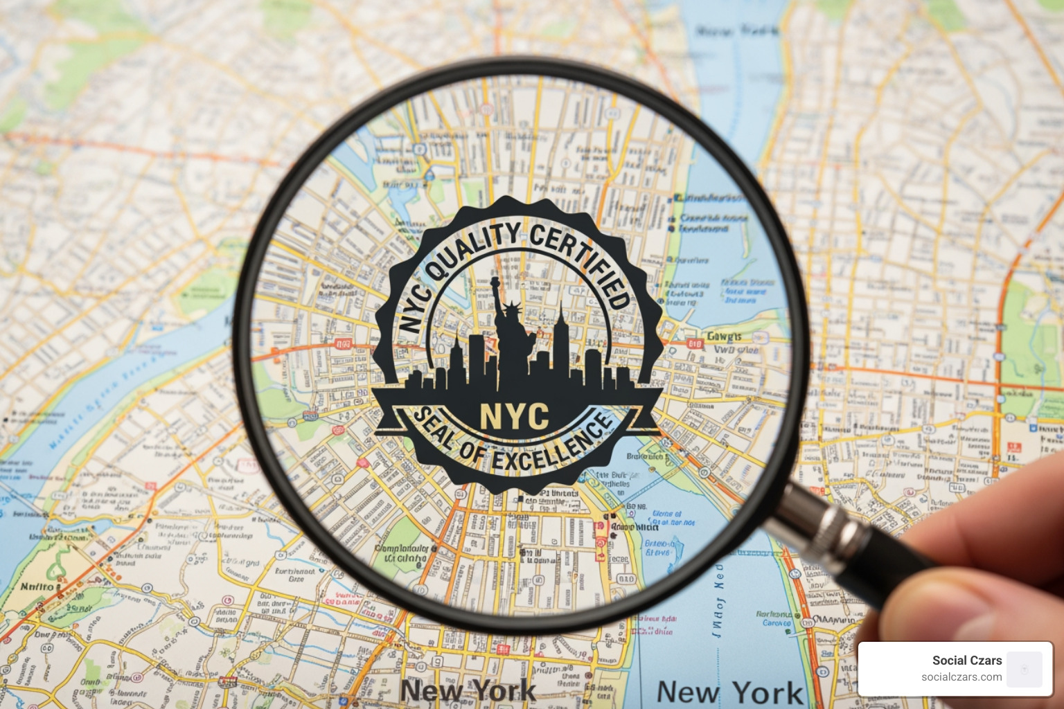 Magnifying glass highlighting a quality seal over a map of NYC - seo company nyc
