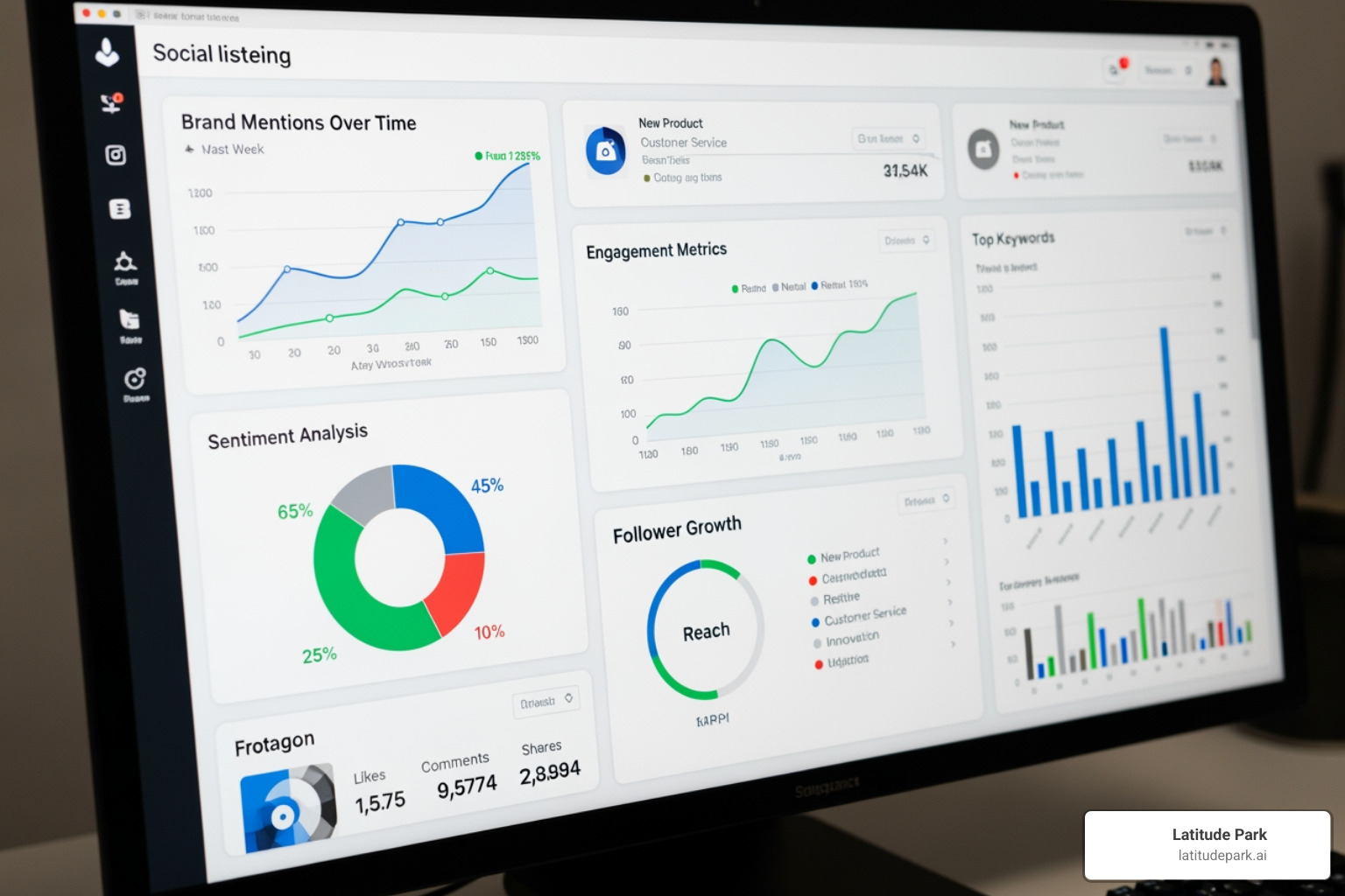 A social listening tool dashboard displaying graphs and charts of brand mentions, sentiment analysis, and engagement metrics. - social marketing and online reputation management