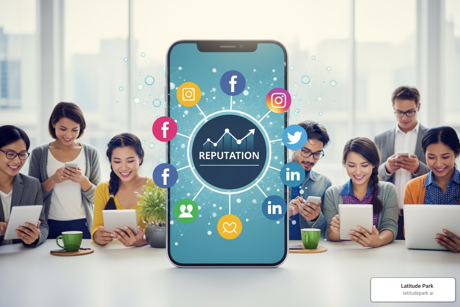 A smartphone screen showing brand profiles on Facebook, Instagram, and TikTok, highlighting diverse social media presence. - social marketing and online reputation management