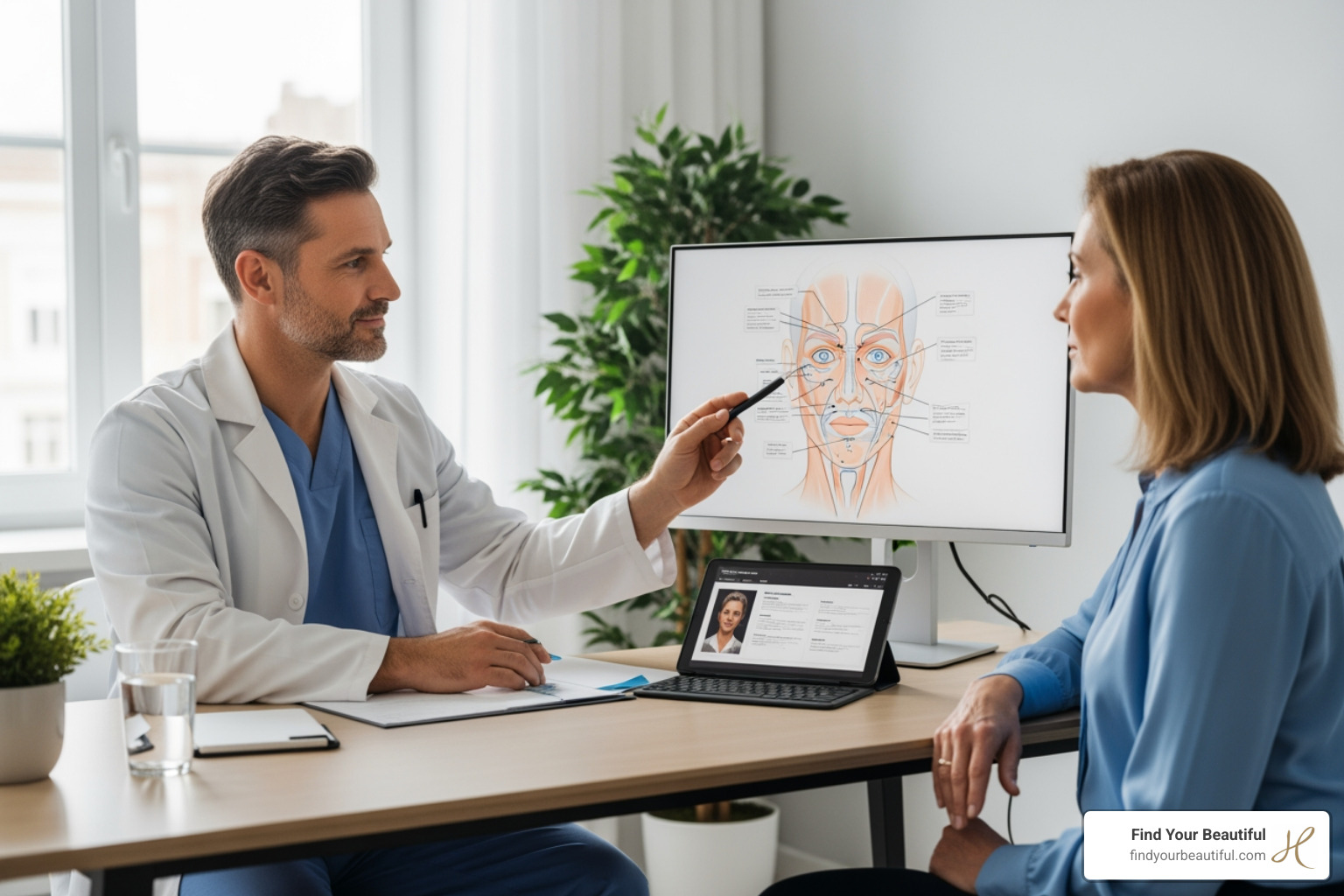 surgeon in a consultation with a patient, pointing to a facial diagram - when to get a facelift best age