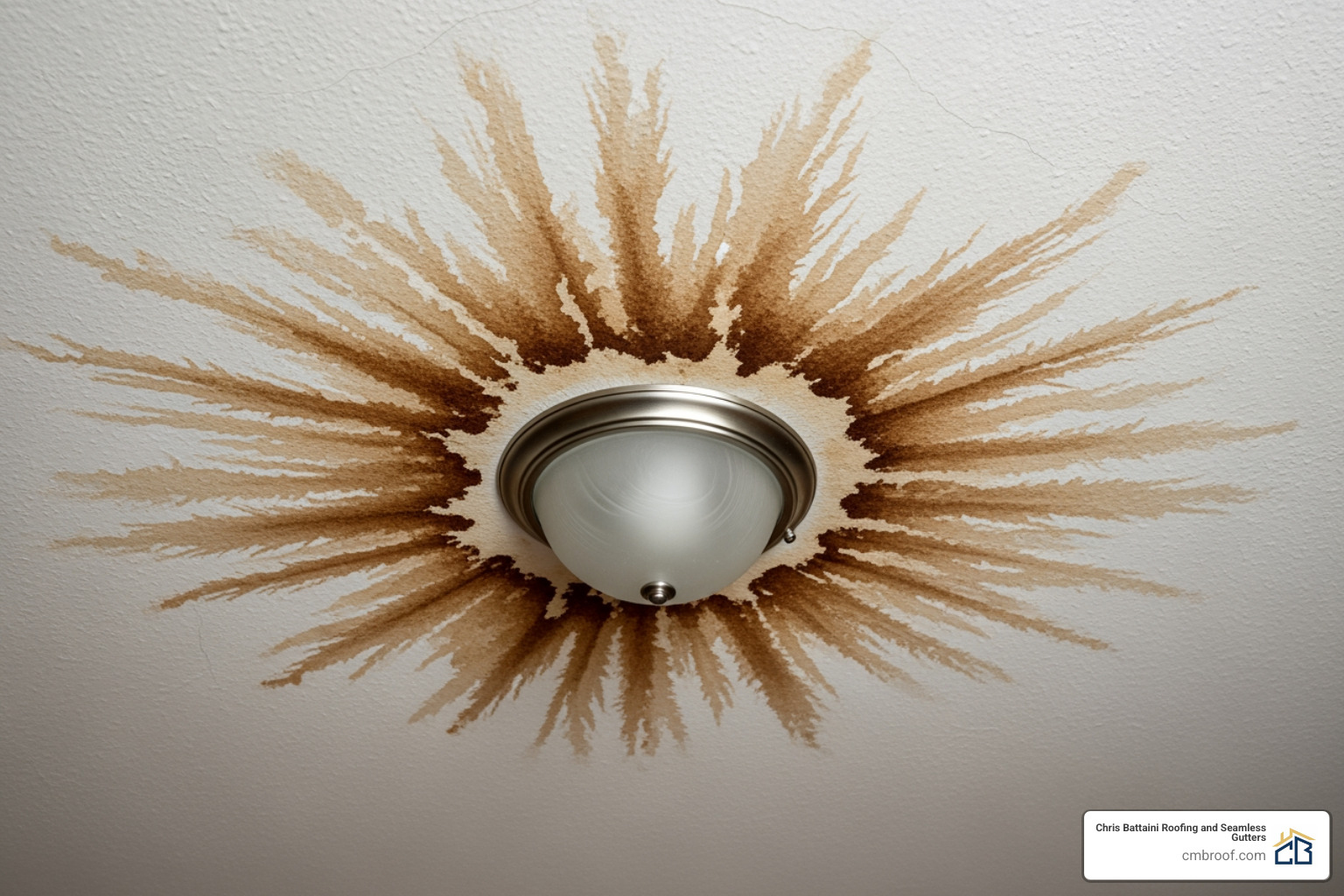 Water stains appearing on a home's ceiling near a light fixture - roof storm damage assessment