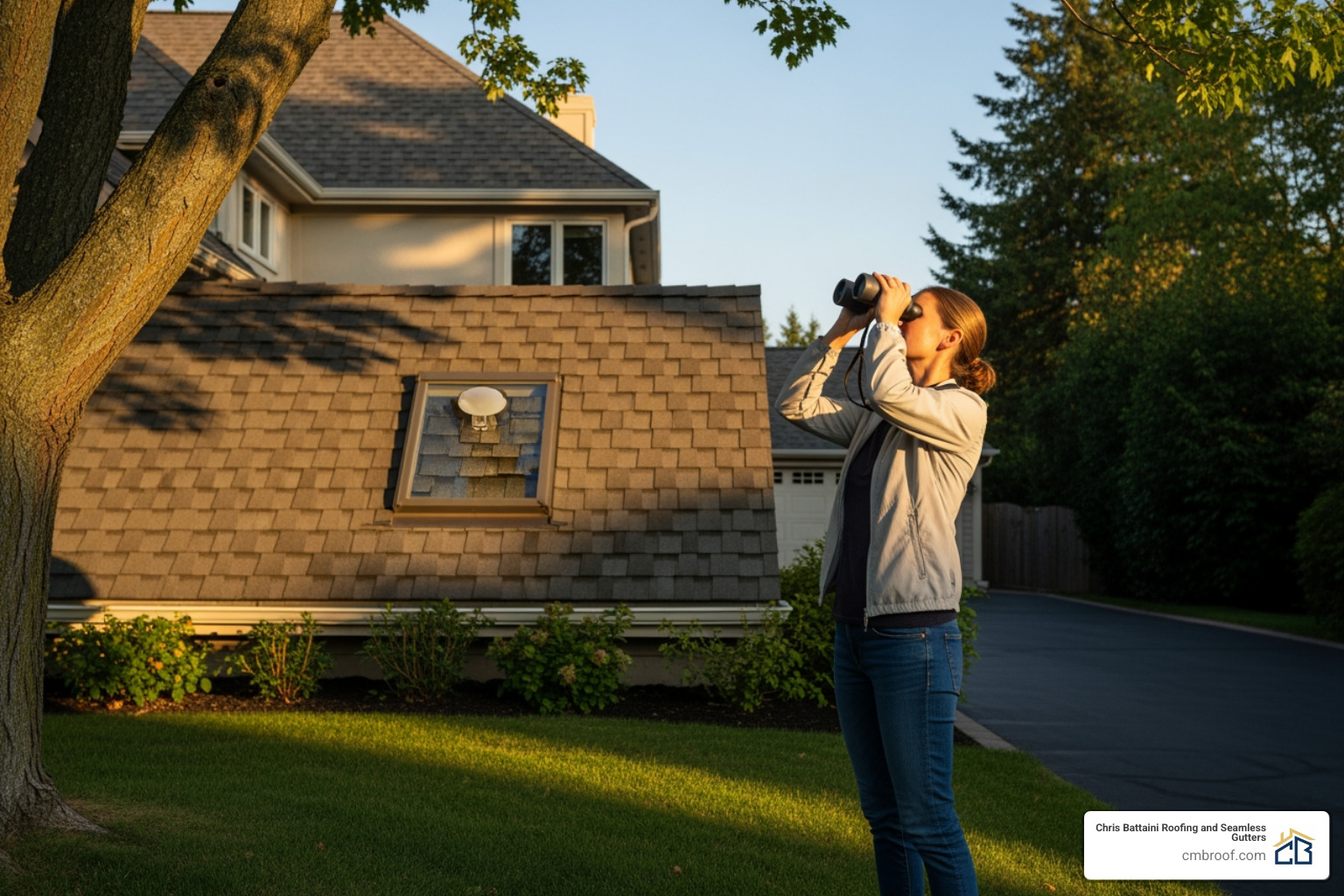 A person using binoculars to inspect their roof from a safe distance on the ground - roof storm damage assessment
