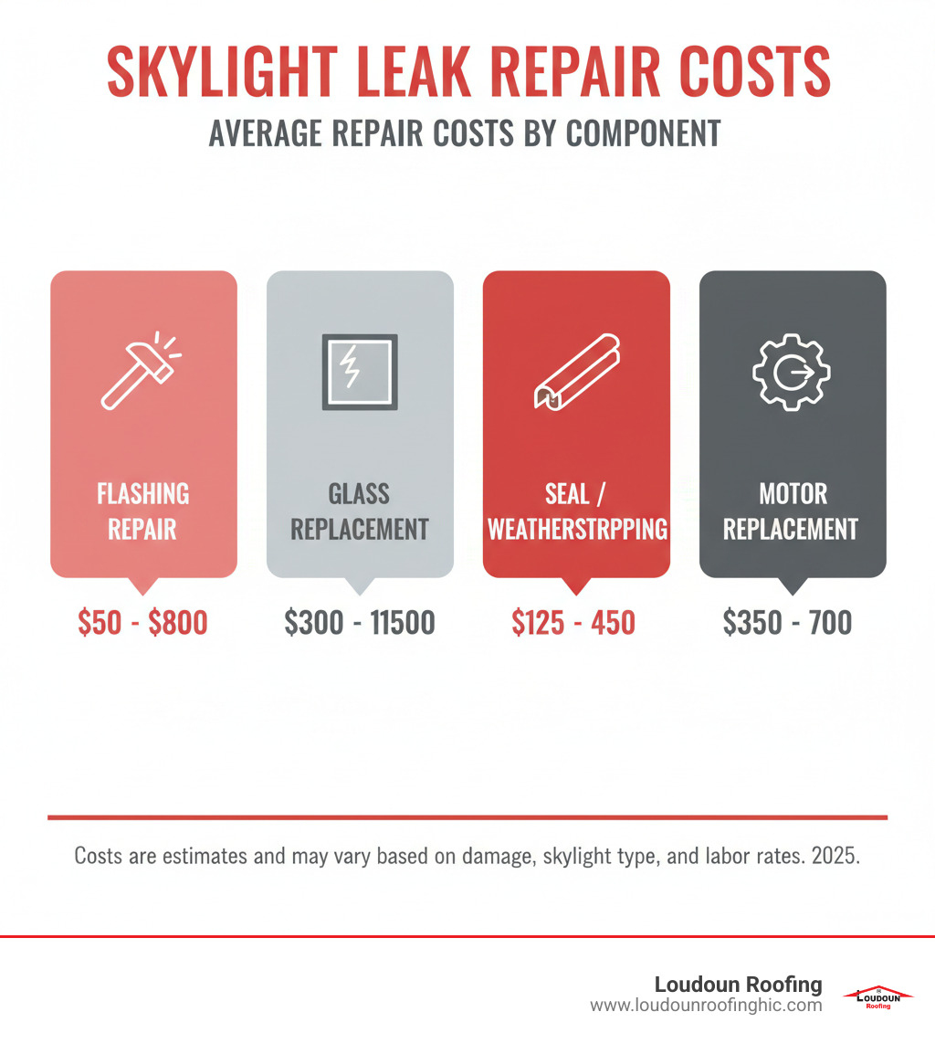 Infographic detailing average skylight leak repair costs for different components: flashing repair $50-$800, glass replacement $300-$1500, seal/weatherstripping $125-$450, motor replacement $350-$700. - skylight leak repair infographic 