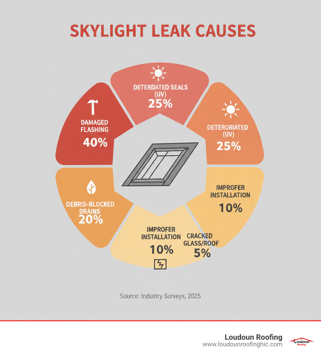 Infographic showing common skylight leak causes: damaged flashing accounts for 40% of leaks, deteriorated seals from UV exposure 25%, debris-blocked drainage channels 20%, improper installation 10%, and cracked glass or surrounding roof damage 5% - skylight leak repair infographic 