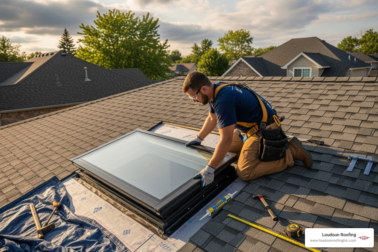 A professional roofer installing a new, modern skylight - skylight leak repair