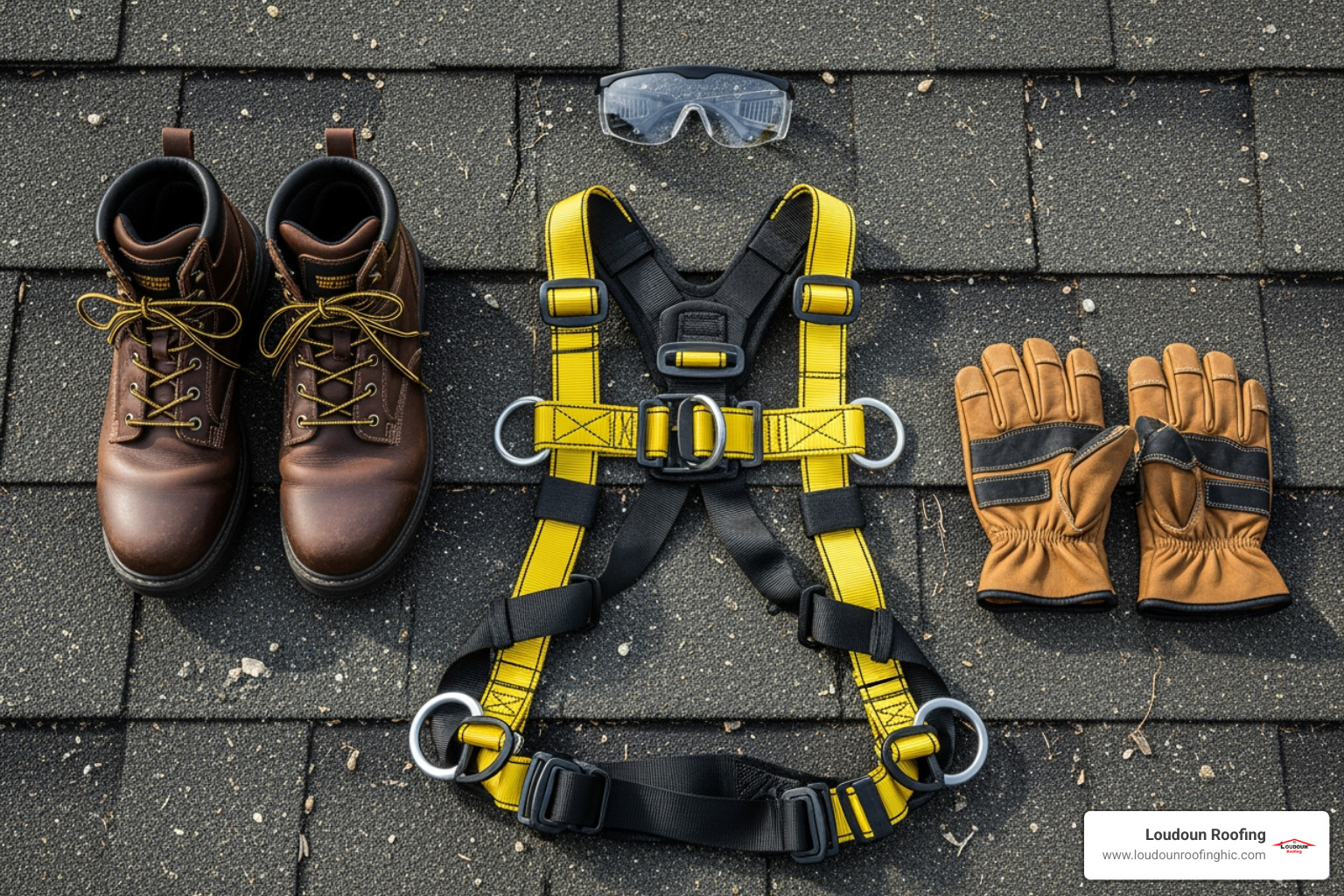 Essential safety gear: a harness, non-slip boots, gloves, and safety glasses - skylight leak repair