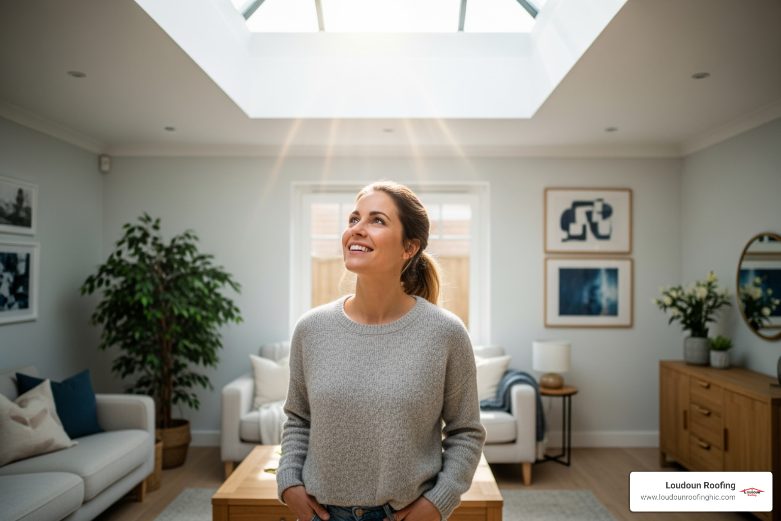 A happy homeowner standing in a room brightly lit by a newly repaired skylight - skylight leak repair