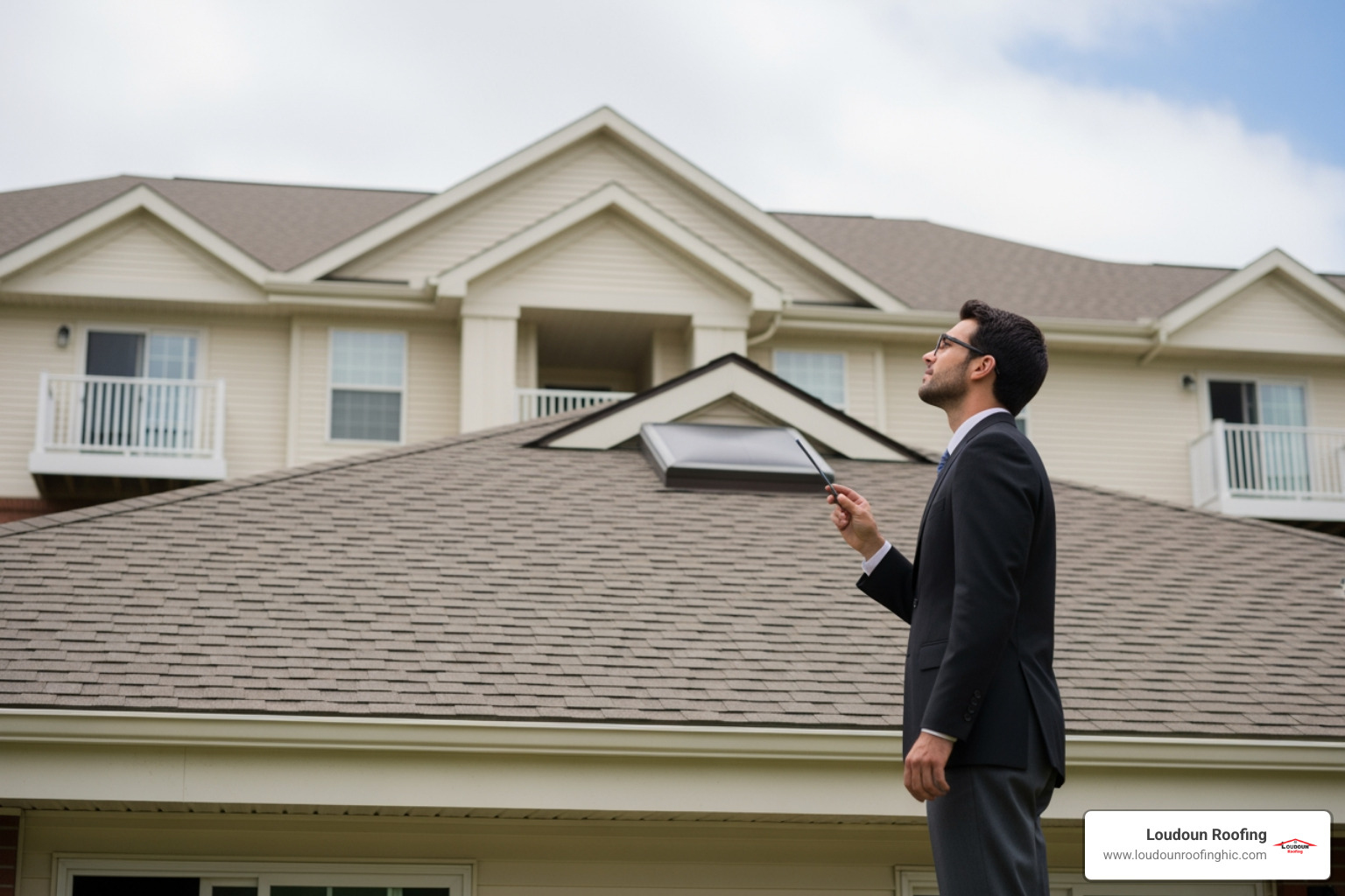 property manager inspecting a roof from the ground - multi family roof repairs