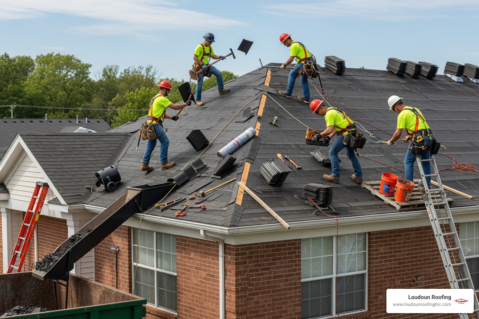 roofing crew working safely on an apartment building roof - multi family roof repairs