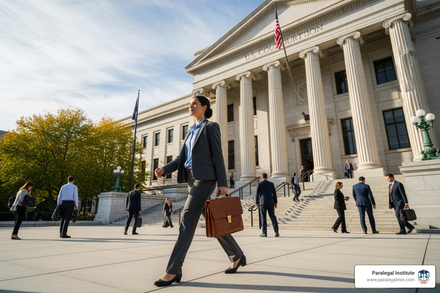 paralegal walking into courthouse - paralegal studies curriculum