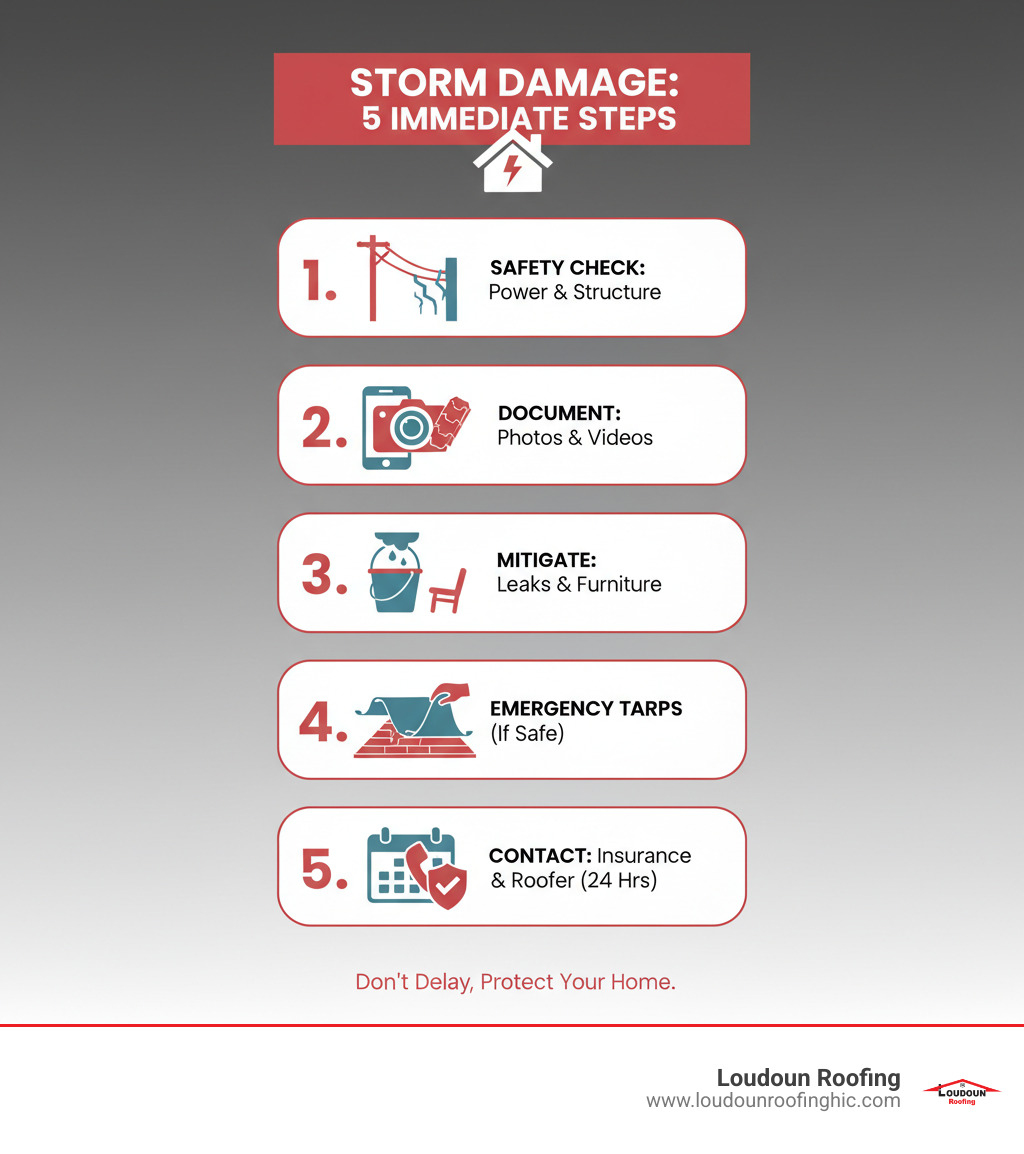Infographic showing 5 immediate steps after storm damage: 1. Safety check for power lines and structural issues, 2. Document damage with photos and videos from ground level, 3. Place buckets under active leaks and move furniture, 4. Apply emergency tarps if safe to do so, 5. Contact insurance and call a certified roofer within 24 hours - Storm damage roof repair infographic 