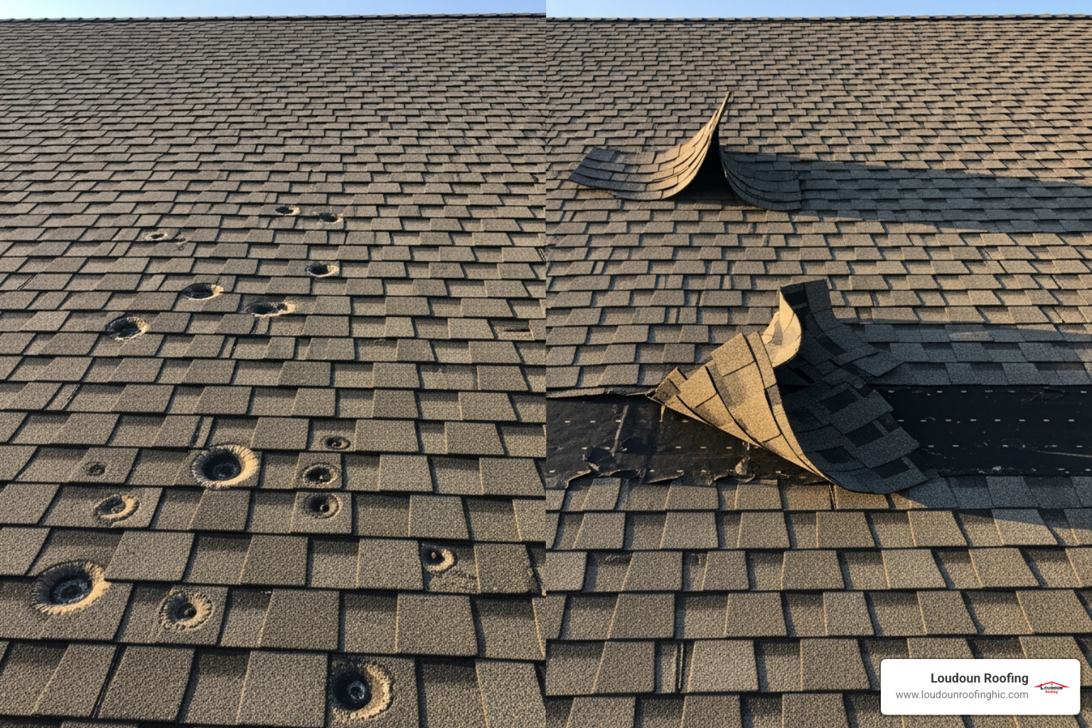 Image comparing hail impact craters on a shingle versus wind-lifted shingles. - Storm damage roof repair