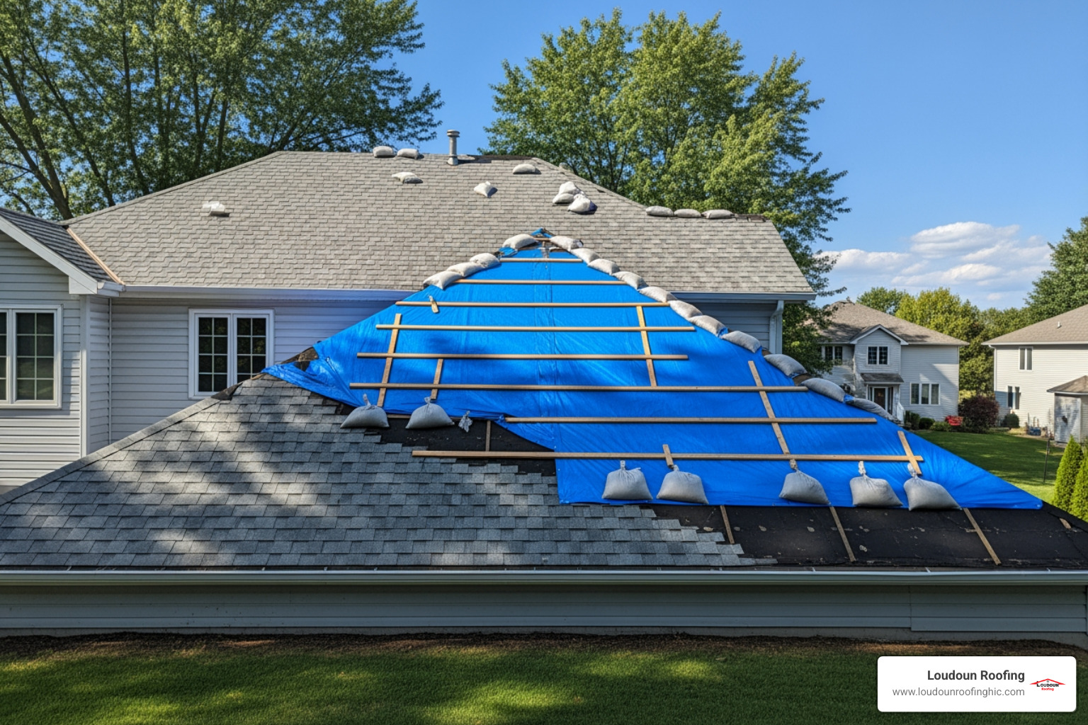 Image of a properly secured emergency roof tarp. - Storm damage roof repair