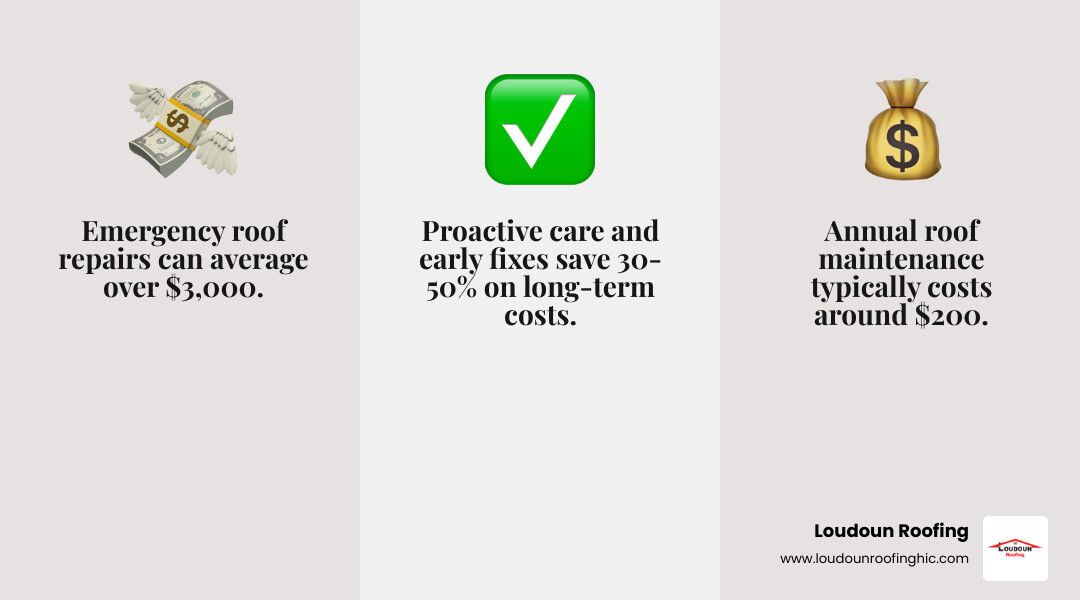 Table comparing the average cost of a $3,000+ emergency repair vs. $200 annual maintenance. - Storm damage roof repair infographic 3_facts_emoji_grey