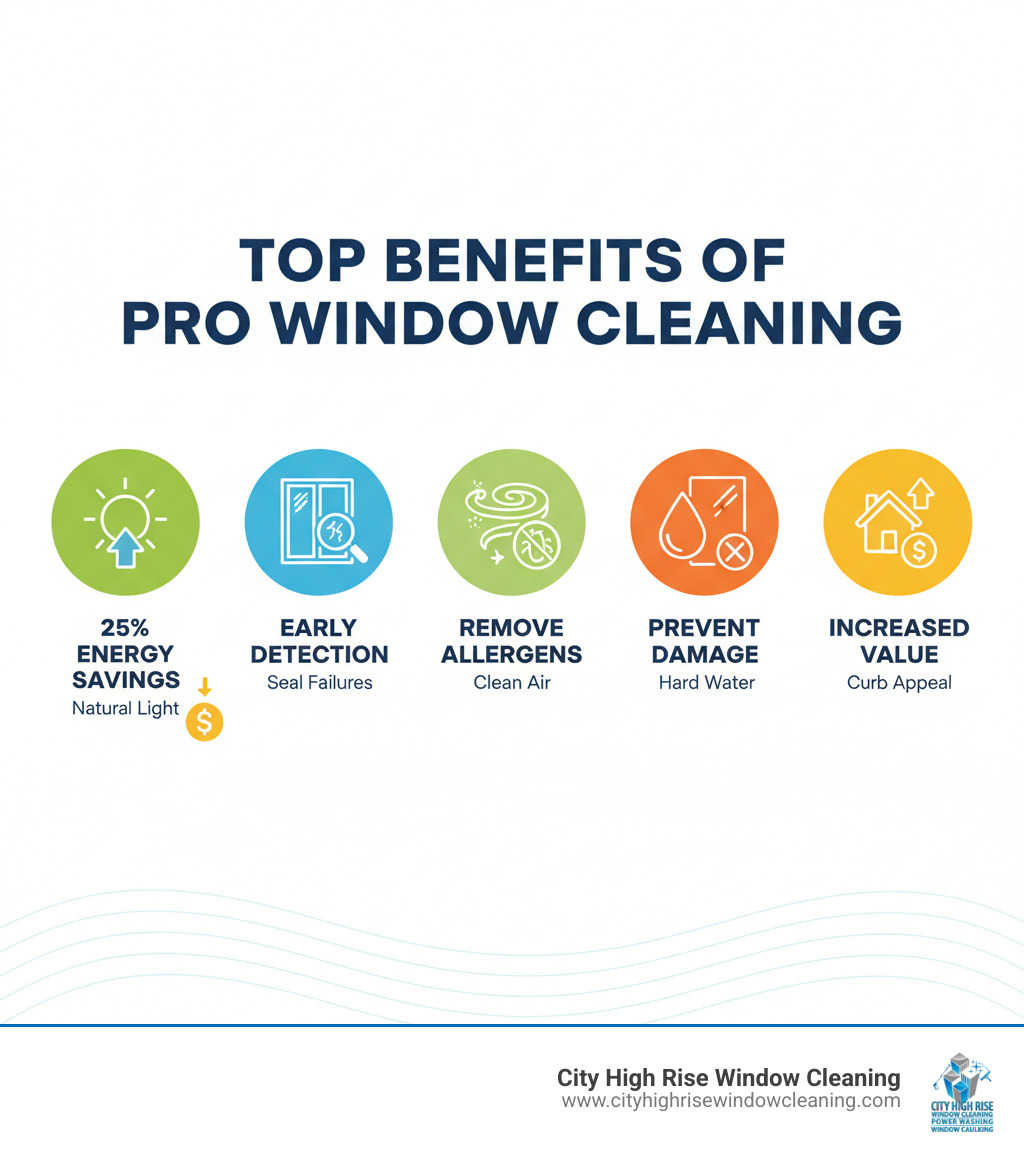 Infographic showing the top reasons to hire a professional window cleaner near me: 25% energy savings from natural light, early detection of window seal failures, removal of allergens and pollutants, prevention of hard water damage, and increased property value through better curb appeal - window cleaner near me infographic Infographic showing the top reasons to hire a professional window cleaner near me: 25% energy savings from natural light, early detection of window seal failures, removal of allergens and pollutants, prevention of hard water damage, and increased property value through better curb appeal - window cleaner near me infographic