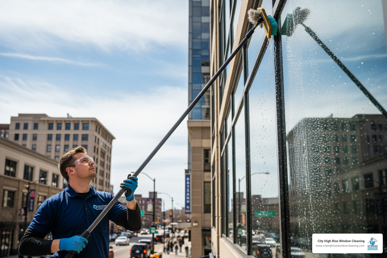 Technician using a water-fed pole system on a mid-rise - window cleaner near me Technician using a water-fed pole system on a mid-rise - window cleaner near me