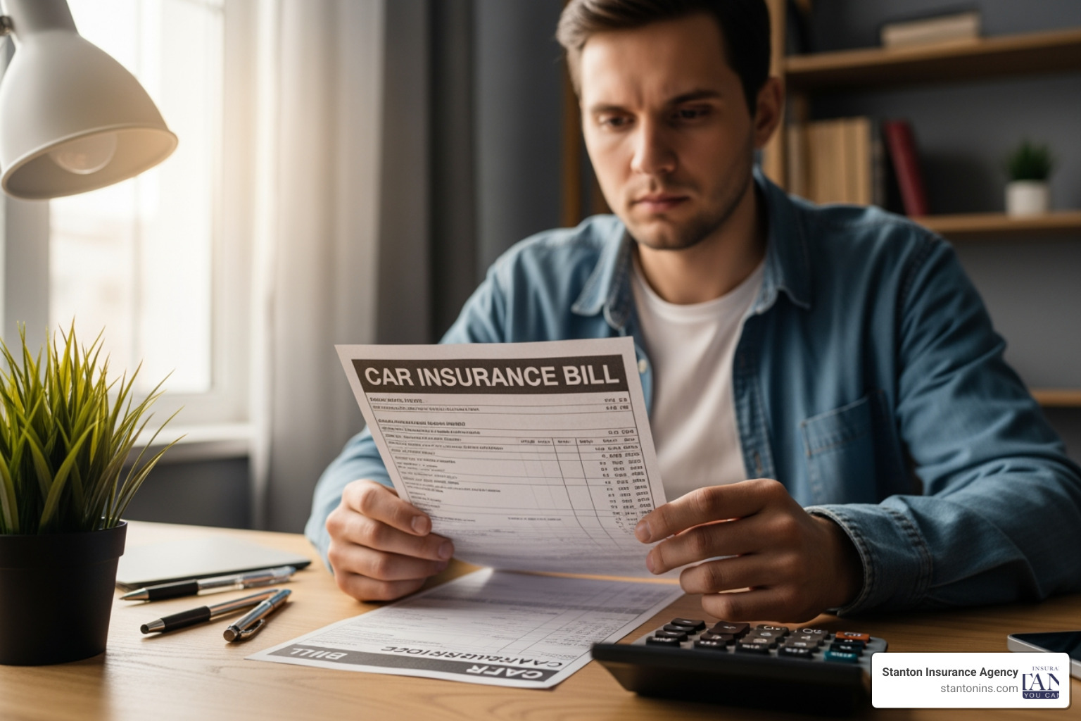 person reviewing car insurance bill with calculator - Auto Liability Insurance Cost person reviewing car insurance bill with calculator - Auto Liability Insurance Cost