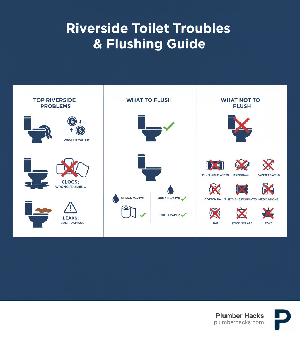 Infographic showing three sections: 1) Top toilet problems in Riverside - running toilet with dollar signs showing wasted water, clogged toilet with X marks over wipes and paper towels, leaking toilet base with water damage warning; 2) What TO flush - only human waste and toilet paper with checkmarks; 3) What NOT to flush - red X marks over flushable wipes, paper towels, cotton balls, hygiene products, medications, hair, food scraps, and toys - toilet repair Riverside infographic 