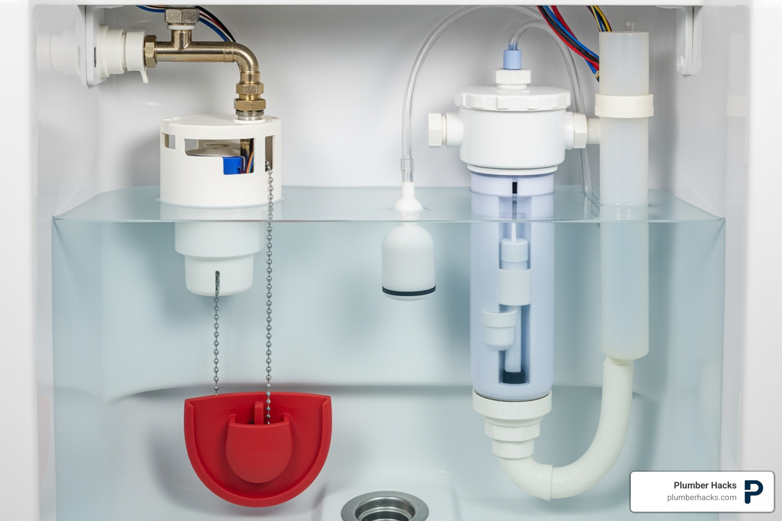 inside of a toilet tank showing flapper and fill valve - toilet repair Riverside