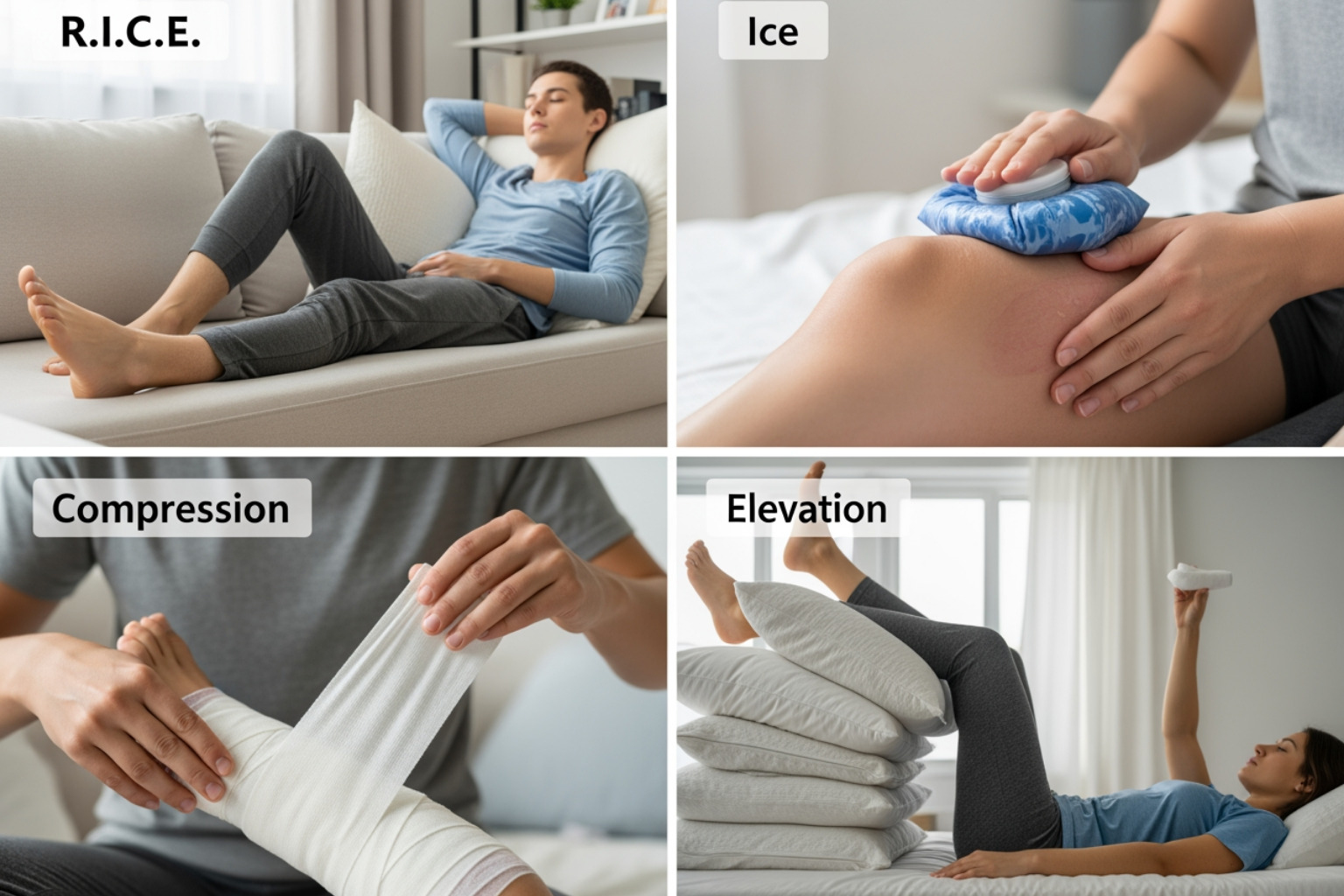 illustration of the four steps of the R.I.C.E. protocol - muscle strain relief