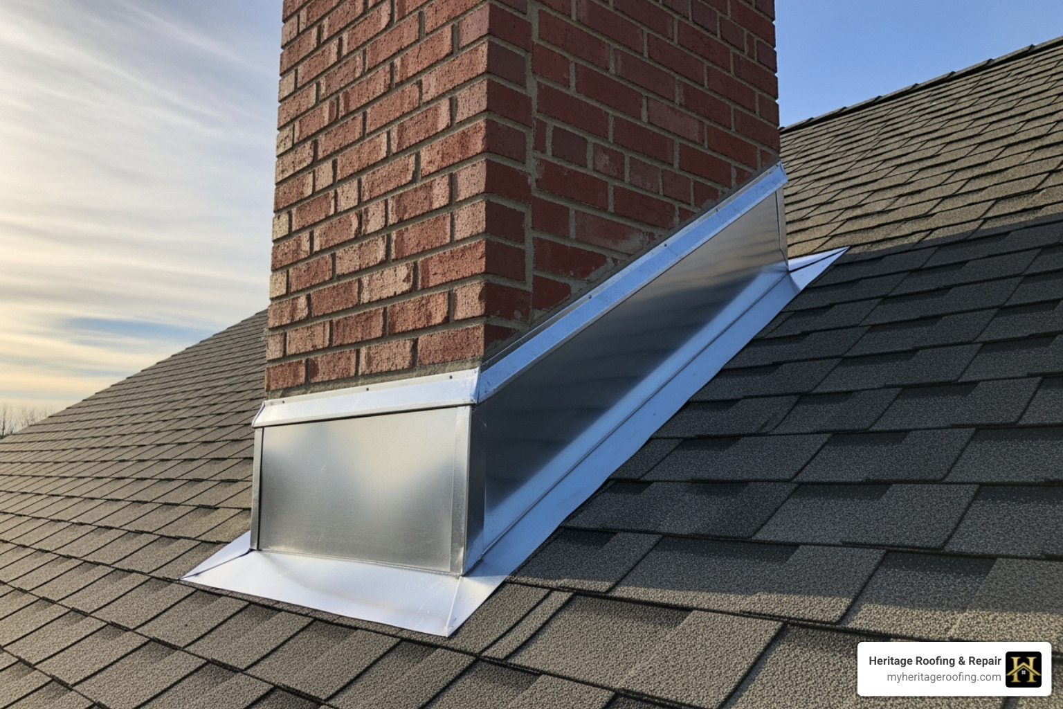 New metal flashing around a brick chimney - what is replaced when you get a new residential roof New metal flashing around a brick chimney - what is replaced when you get a new residential roof