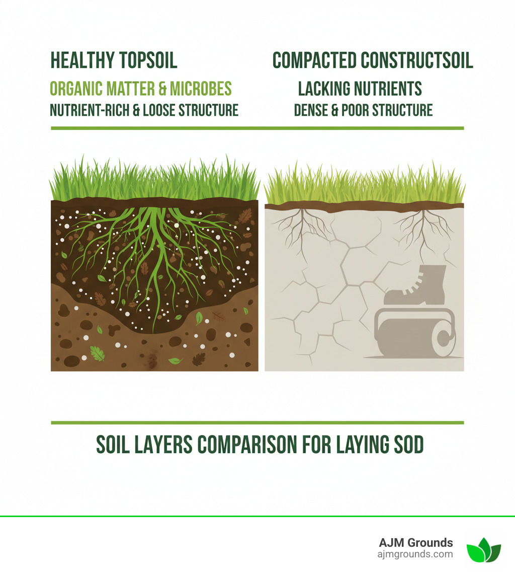 infographic showing soil layers comparison between healthy topsoil with organic matter and microbes versus compacted construction subsoil lacking nutrients and structure - laying sod on new construction infographic 