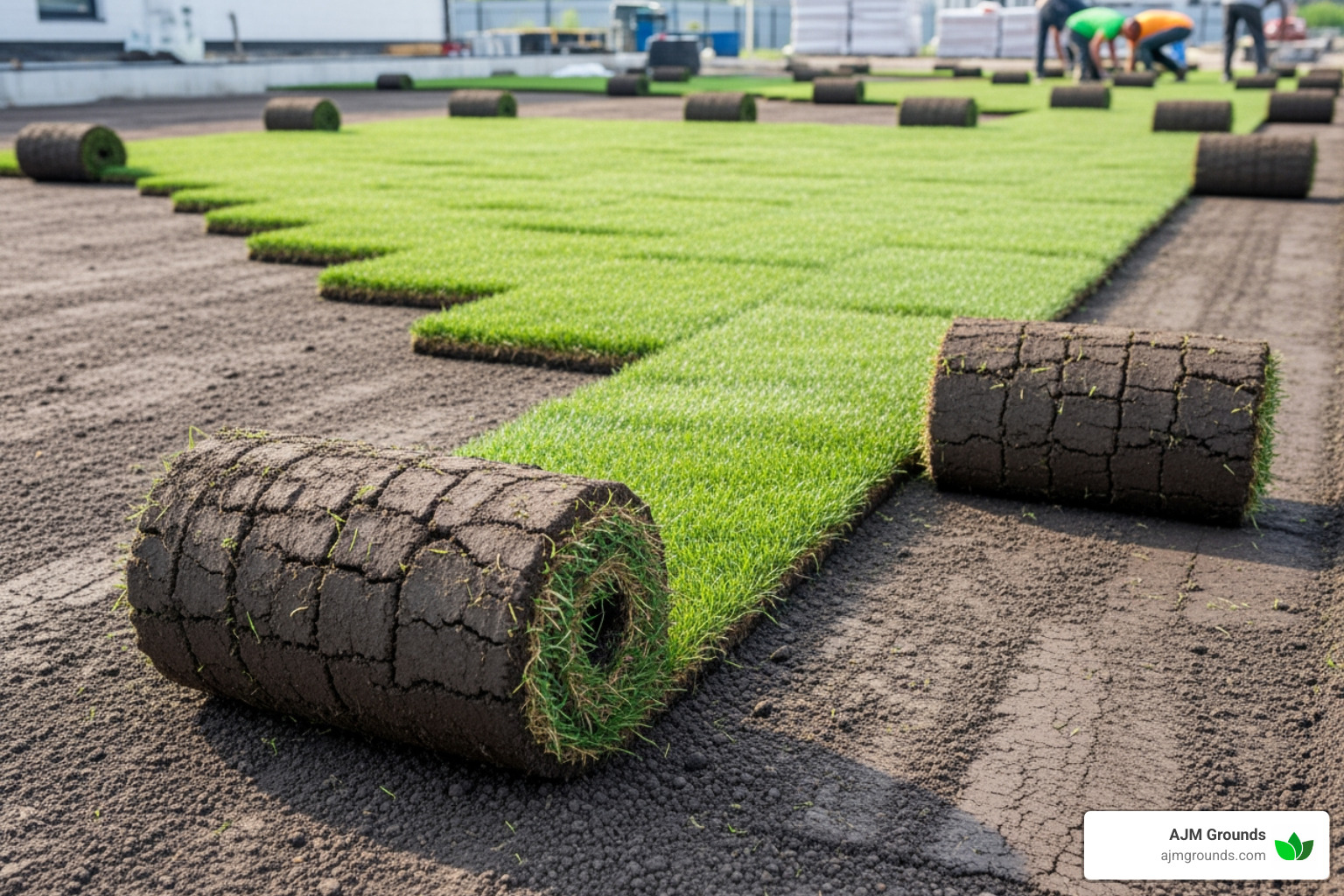 sod rolls being laid in a staggered, brick-like pattern - laying sod on new construction