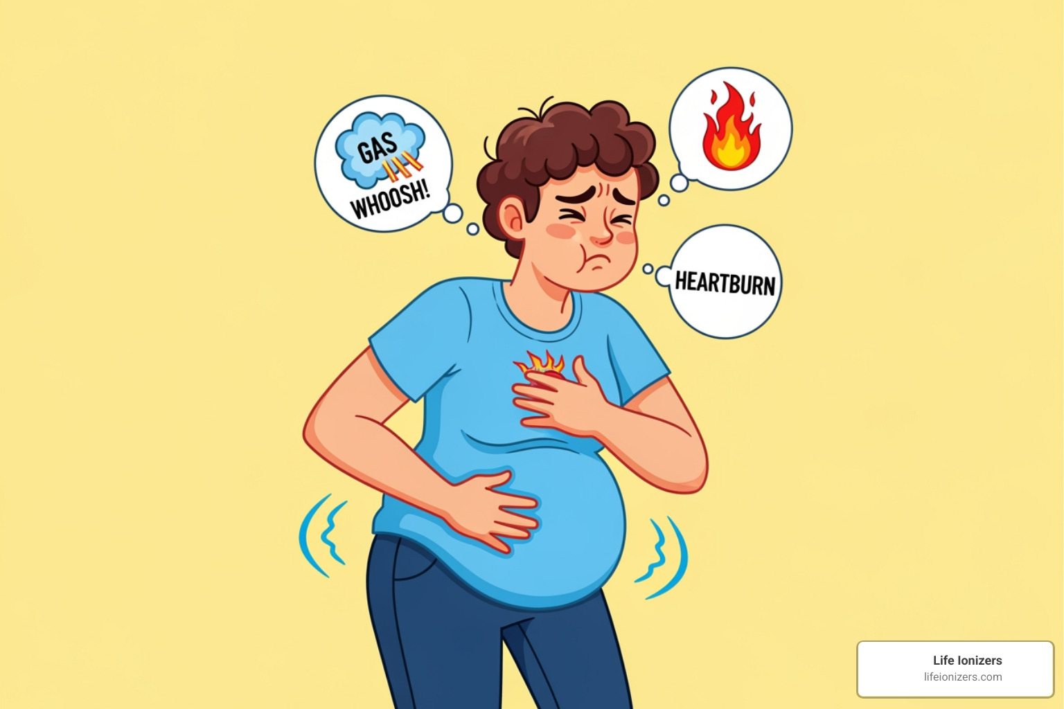 A cartoon illustration of a person experiencing various digestive discomforts like bloating, gas, stomach pain, and heartburn. - Improve gut health