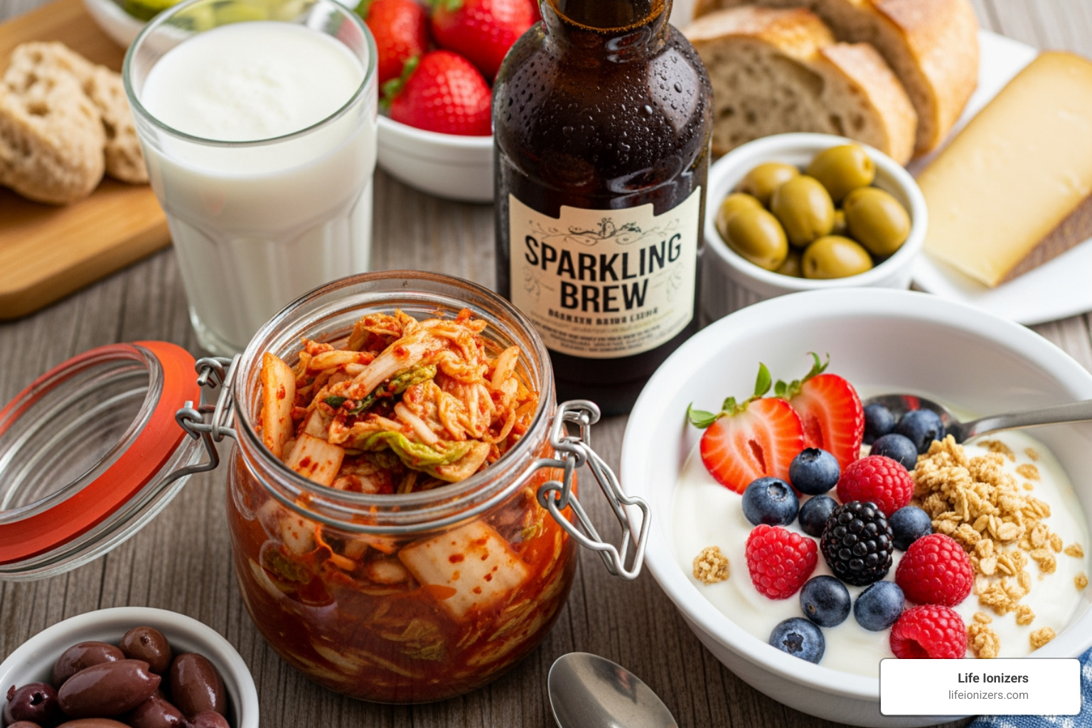 A vibrant image showcasing a variety of fermented foods, including a jar of kimchi, a bowl of yogurt with fruit, a glass of kefir, and a bottle of kombucha. - Improve gut health