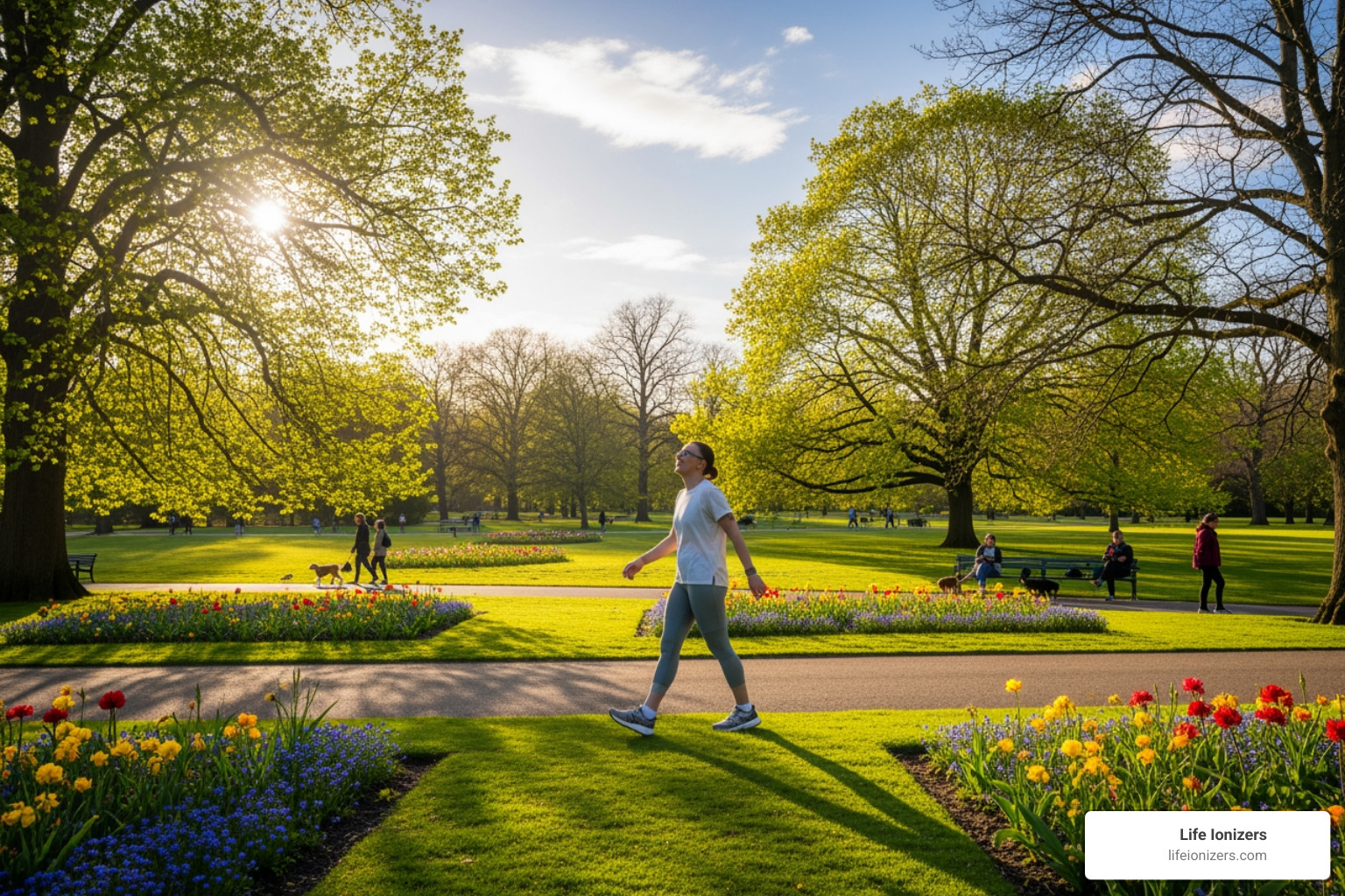 A person happily walking through a sunny park, enjoying the outdoors and fresh air, illustrating light exercise. - Improve gut health